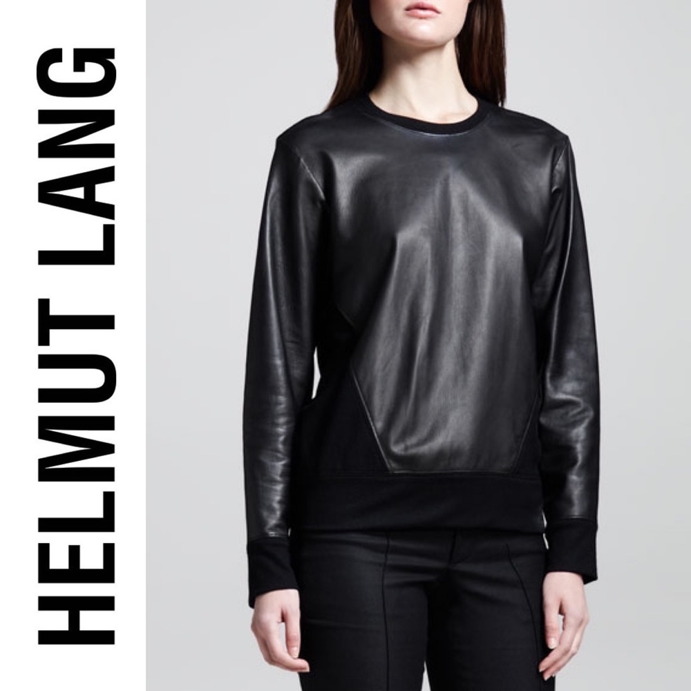 HELMUT LANG genuine leather and wool black long sleeve sweater